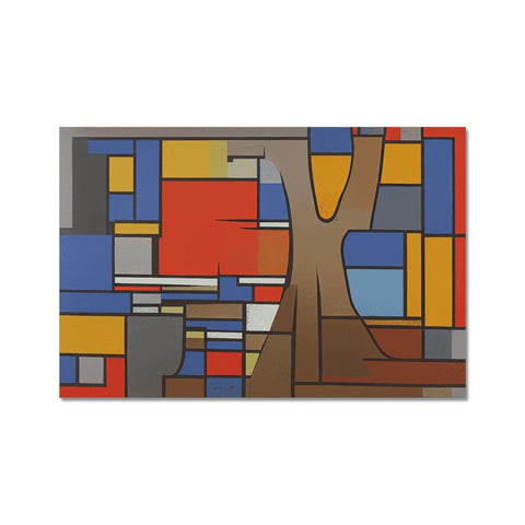 An  art print on a brown ceramic tile with a colorful backdrop