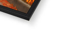 A picture frame with pictures, in its shape of a fireplace near lava.