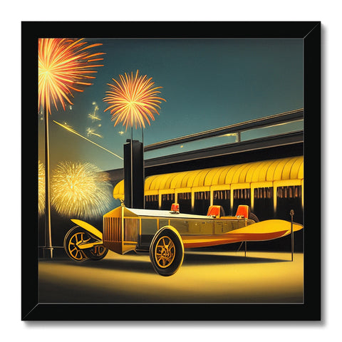 An art print of a vintage car in an automobile tunnel is on display.