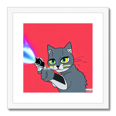 A cat sitting in front of a picture art print with the colors red and blue around