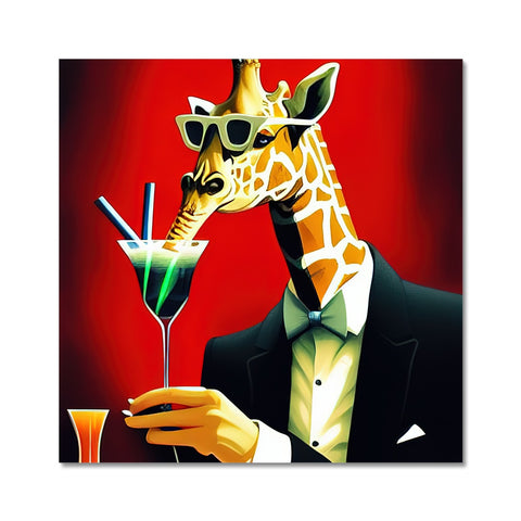 a giraffe is holding a drink on a glass plate in a room
