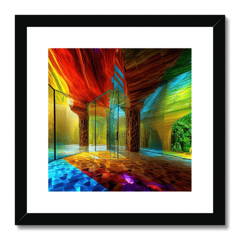A colorful art print hanging in a room with white walls on both sides.