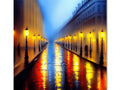Art print print of street lights that reflect sunlight across a street with a large building in