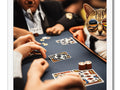 A cat is holding a black card while playing poker next to several tables.