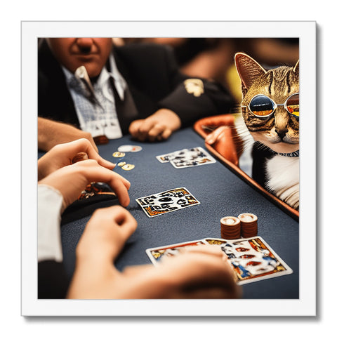 A cat is holding a black card while playing poker next to several tables.