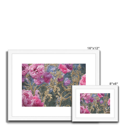 A stack of framed pictures on top of a white background with flowers.