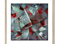 A framed print of an abstract painting with a window frame and a pile of glass on