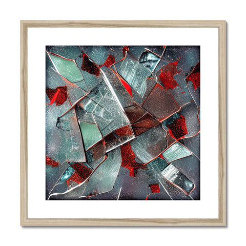 A framed print of an abstract painting with a window frame and a pile of glass on