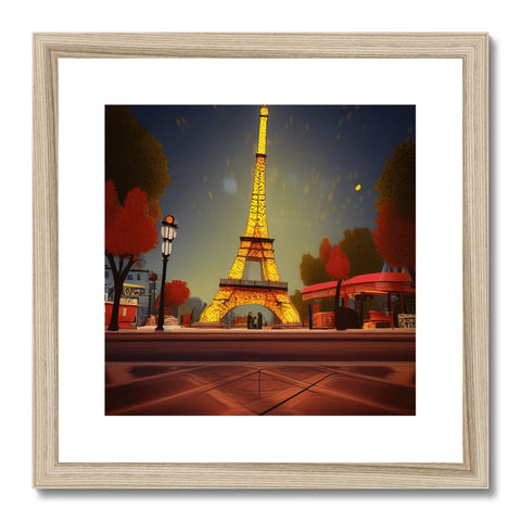An art print on a framed wooden wall in front of the Eiffel Tower on