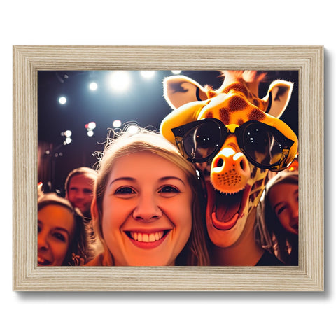 A giraffe posing for photos with a photograph in a wooden frame