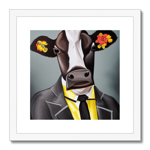 A photo of a cow next to an art print on a large white background.