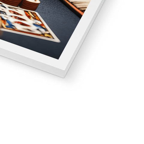 A stack of pictures are on a large photo board on a brown background.