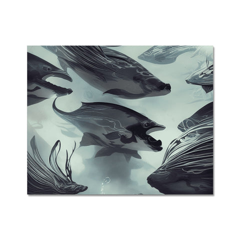 Art print of sea creature looking underwater as a big fish floats in water.