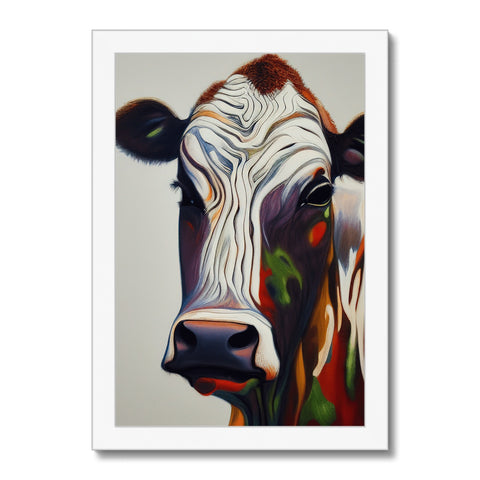 A real cow that has a horned horn is on an art print that is in