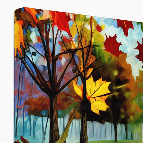 A picture of autumn foliage painting on a easel and a pair of trees and a