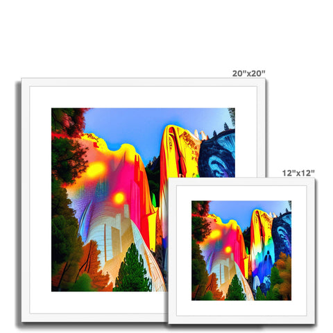 Art prints of mountains and cliffs and a waterfall with trees.