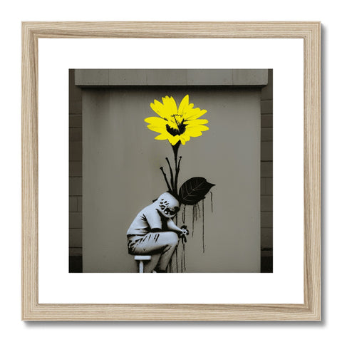 A picture with a large dandelion and a sunflower on a wooden frame.