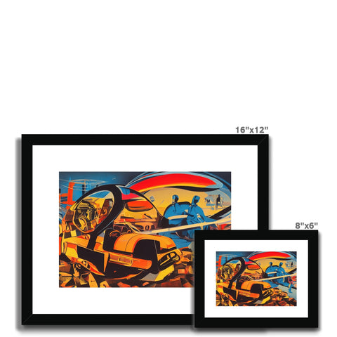 Three art print with a boat, some artwork and some flowers in frames.