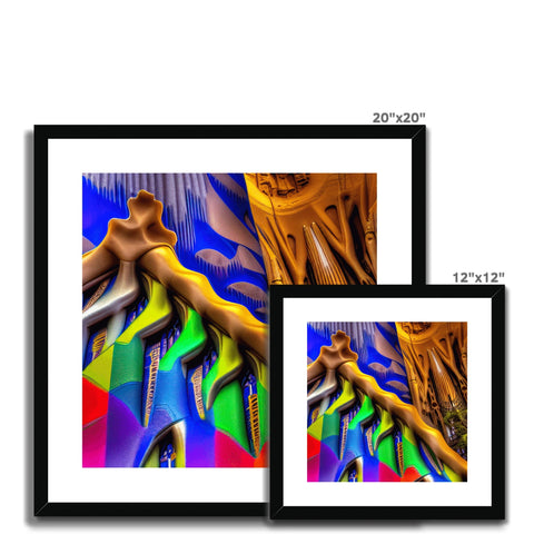 A wooden frame holding three images, each of which have a different colored lighting style and