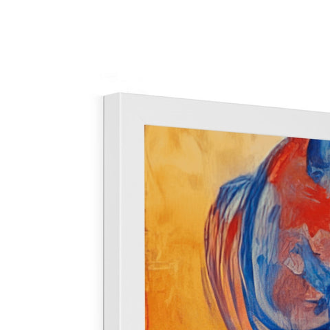 A colorful image of an abstract painting in a glass frame attached to a black frame.