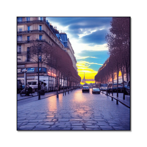 A colorful street sign on an art print above a street in Paris.