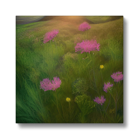A wildflower field with pink flower with yellow and green grass.