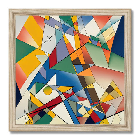 A large painting on a white canvas on a table with several shapes.