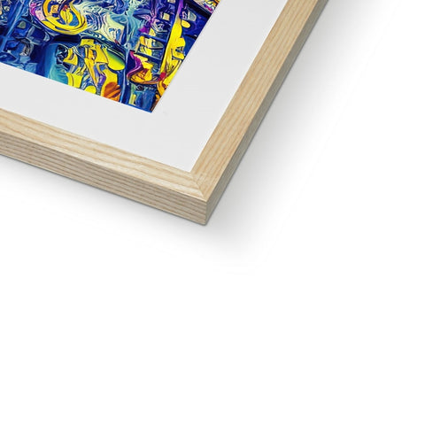 A picture of an art print on a wooden frame near a wood frame.