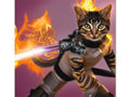 A cat sitting in a burning fire hydant holding a flashlight.