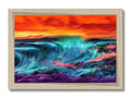 A picture photo of a colorful ocean wave in a foreground with large waves and a sunset
