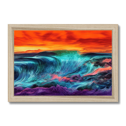 A picture photo of a colorful ocean wave in a foreground with large waves and a sunset