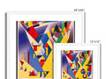 An art print hanging on a wall with several colors, four shapes and a large cut