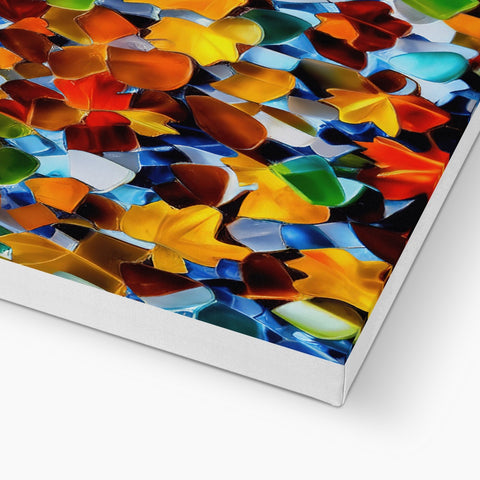 An artwork print on the glass mosaic tile table covered by colorful tile.