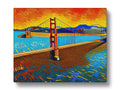 Art print set in a street looking out onto water with a golden gate in front of
