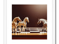 Two horses racing on a white background next to a board with two pieces of wooden chess