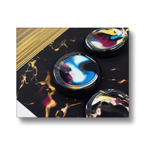 A gold foil shaped marble tile with artwork in a table topped with metal foil and magnets