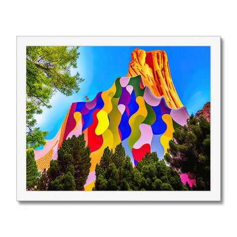 The colorful art print is a mountain looking at a sunset.