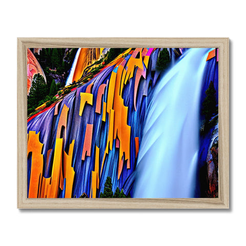 Art print of a waterfall is set against a blue background with colorful water flowing through the