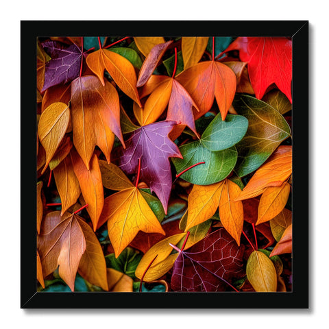An autumn photo on a frame, surrounded by leaves with different shapes and colors.