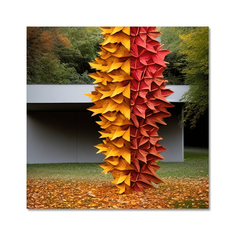 A large glass art print with fallen leaves on a wall with a tree near the bottom