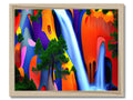 A large, colorful print depicting a colorful waterfall through the trees.