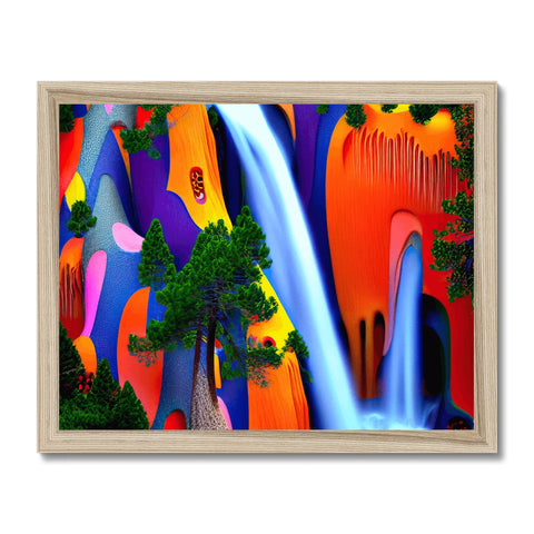 A large, colorful print depicting a colorful waterfall through the trees.