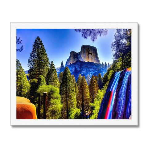 A wood framed photo of a beautiful mountain mountain with a waterfall in the background.