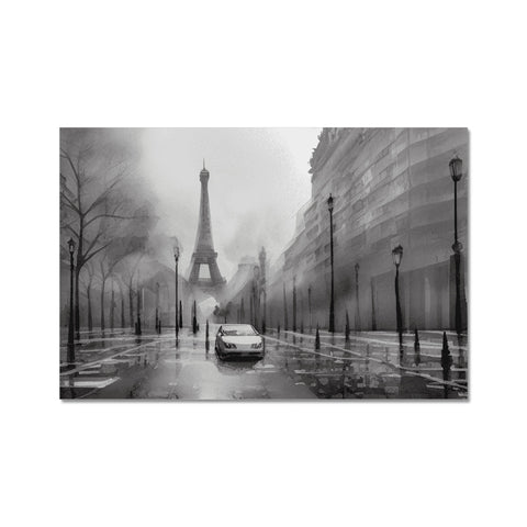 A white photo of a street in Paris in rain with trees in the background.