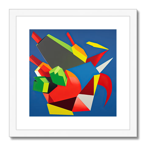 A white art print with shapes and colors with small square and square faces.