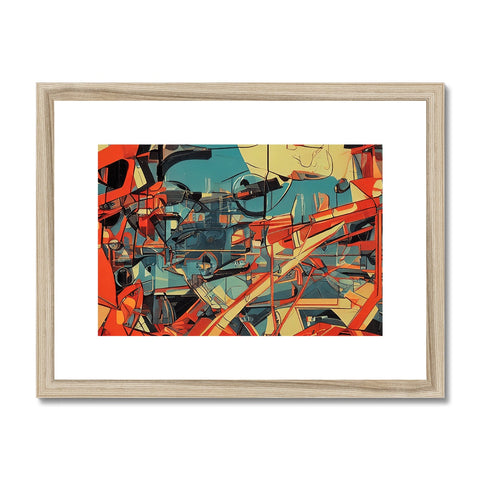 A print framed picture of abstract art hanging on a wall.