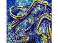 A large blue and yellow picture of a road with swirls and curves