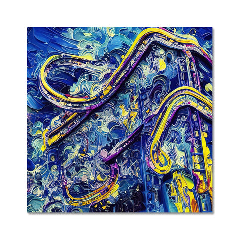 A large blue and yellow picture of a road with swirls and curves