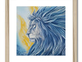 A framed art print of a blue lion in a fireplace is on a wall.