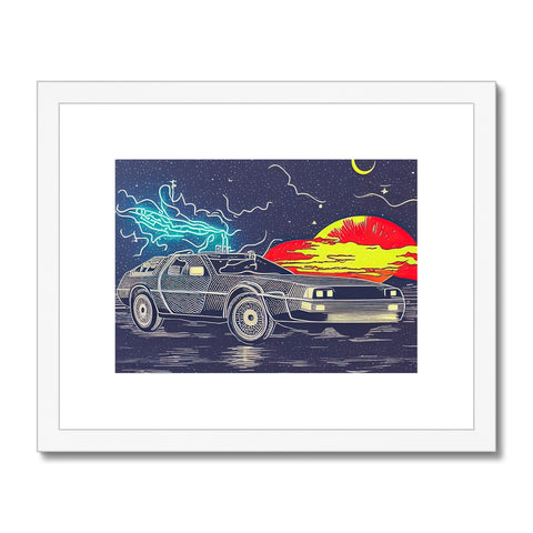 A hot rod flying on a blue sky that has lightning overhead.